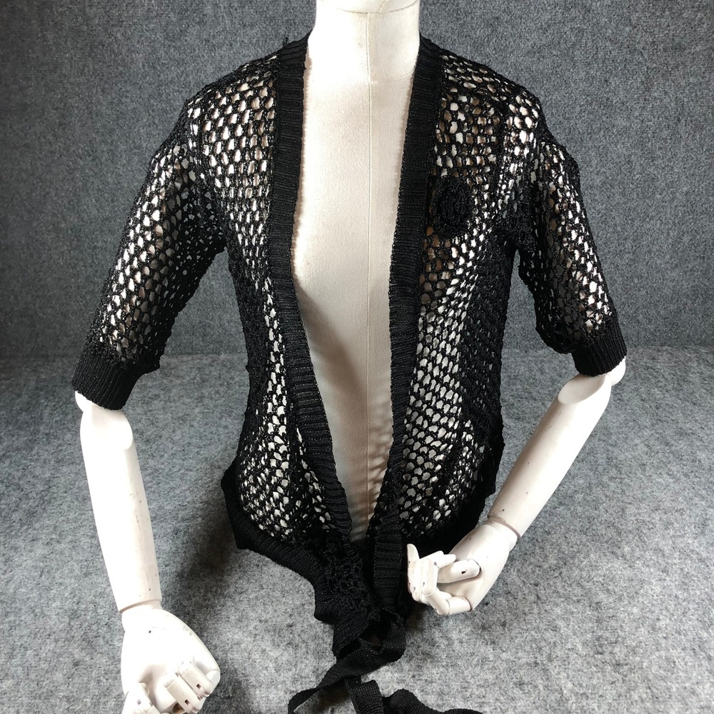 Bisou Bisou Open Knit Cardigan Womens S Black Tie Front Shrug Flower Applique